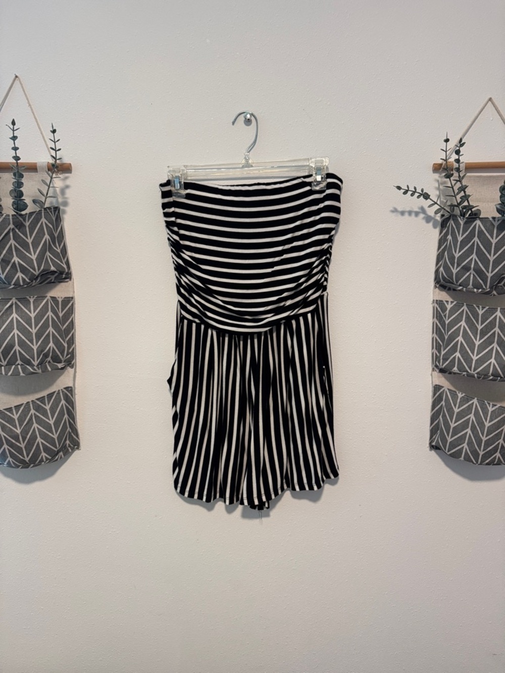 Fashion Nova Black and White Striped Strapless Romper